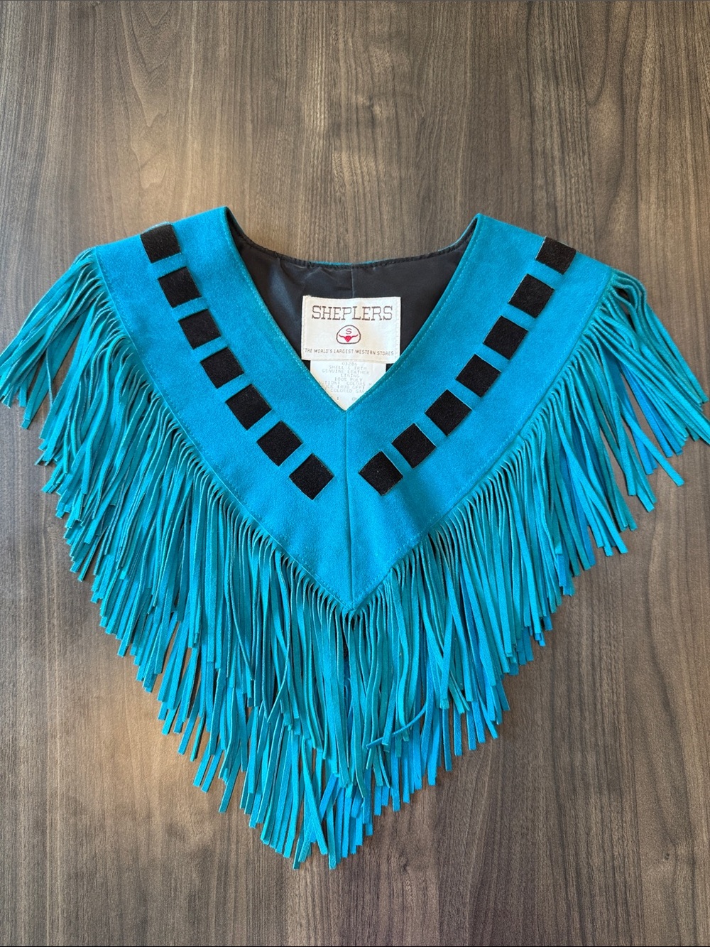 Vintage Sheplers Turquoise Genuine Leather Fringe Western Cape Poncho